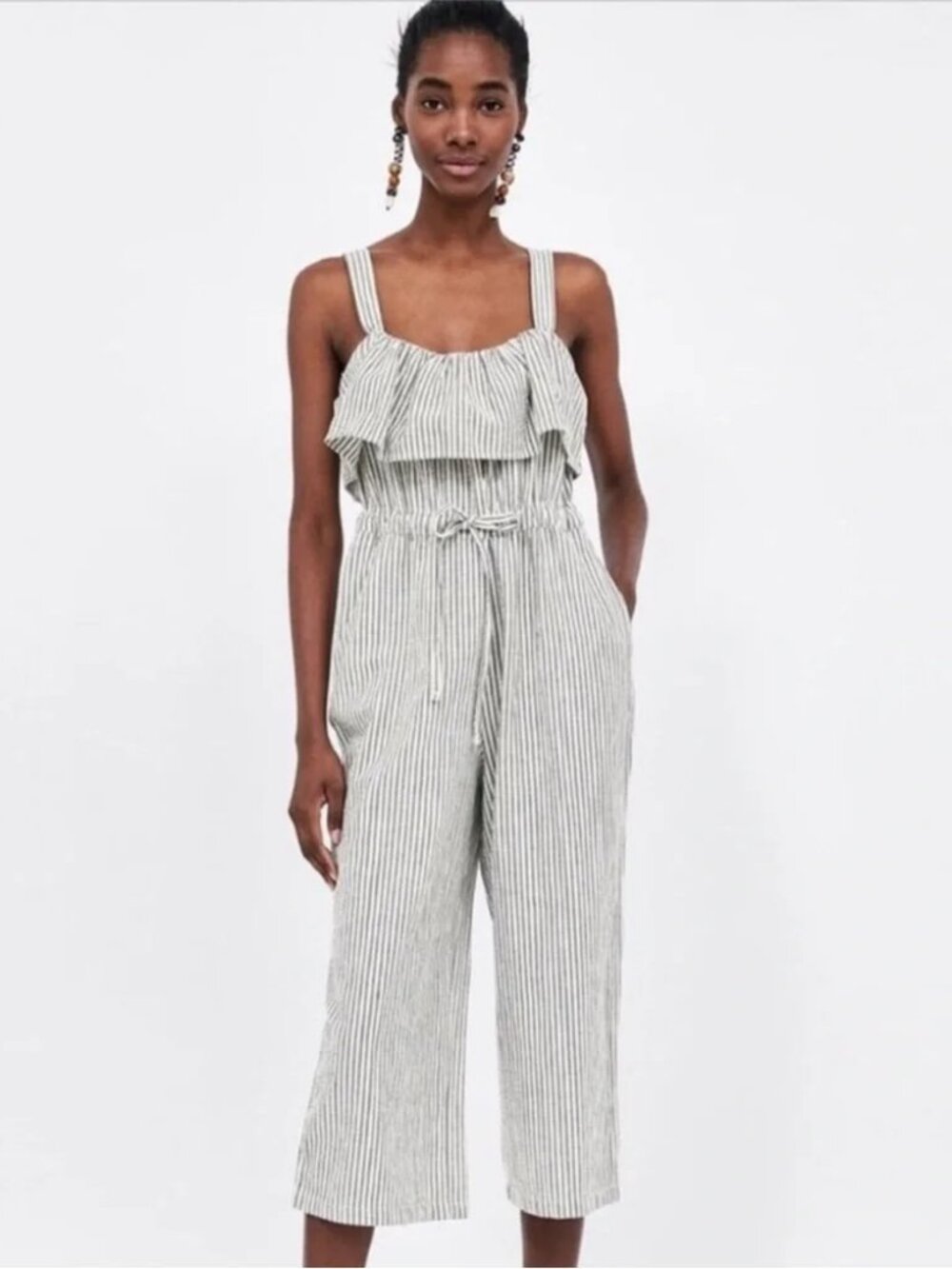 Zara Basic Gray White Striped Linen Jumpsuit Ruffle Wide Leg Tassel Tie Size XS